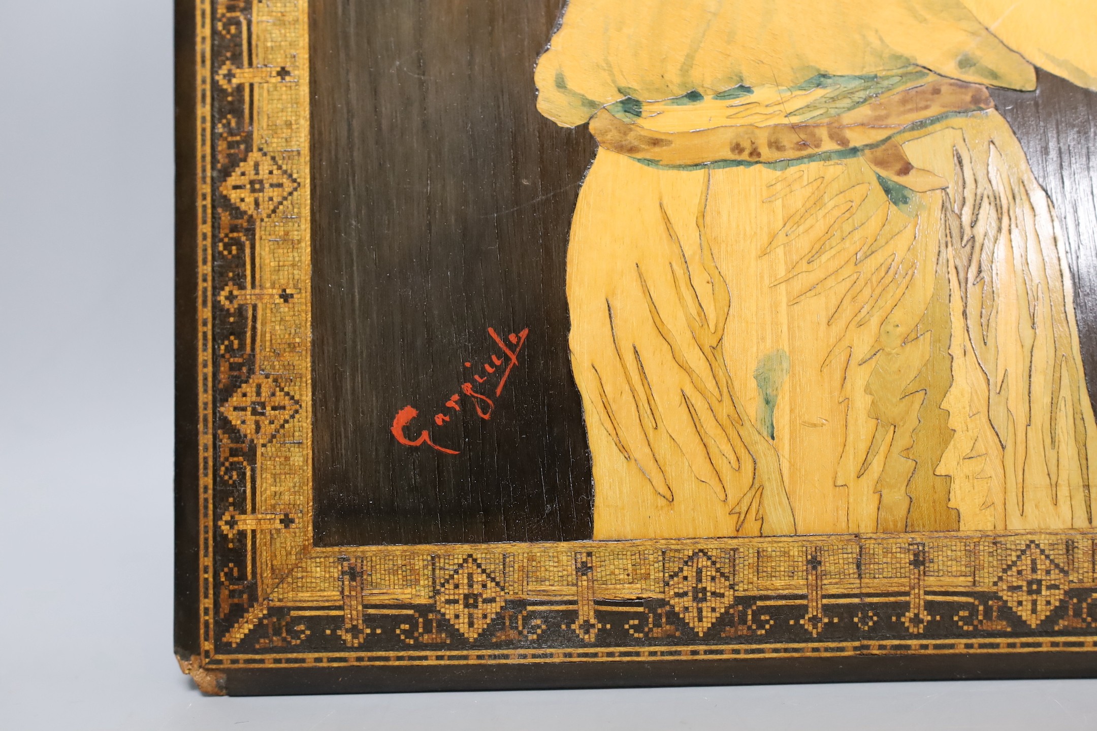 Two 19th century Sorento marquetry panels, both signed, San Remo and Gargiule, largest 38x26cm